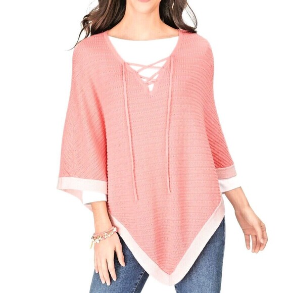 Talbots Womens Size L Pink Poncho Sweater Asymmetrical Cotton Blend Front Tie T - Picture 1 of 12